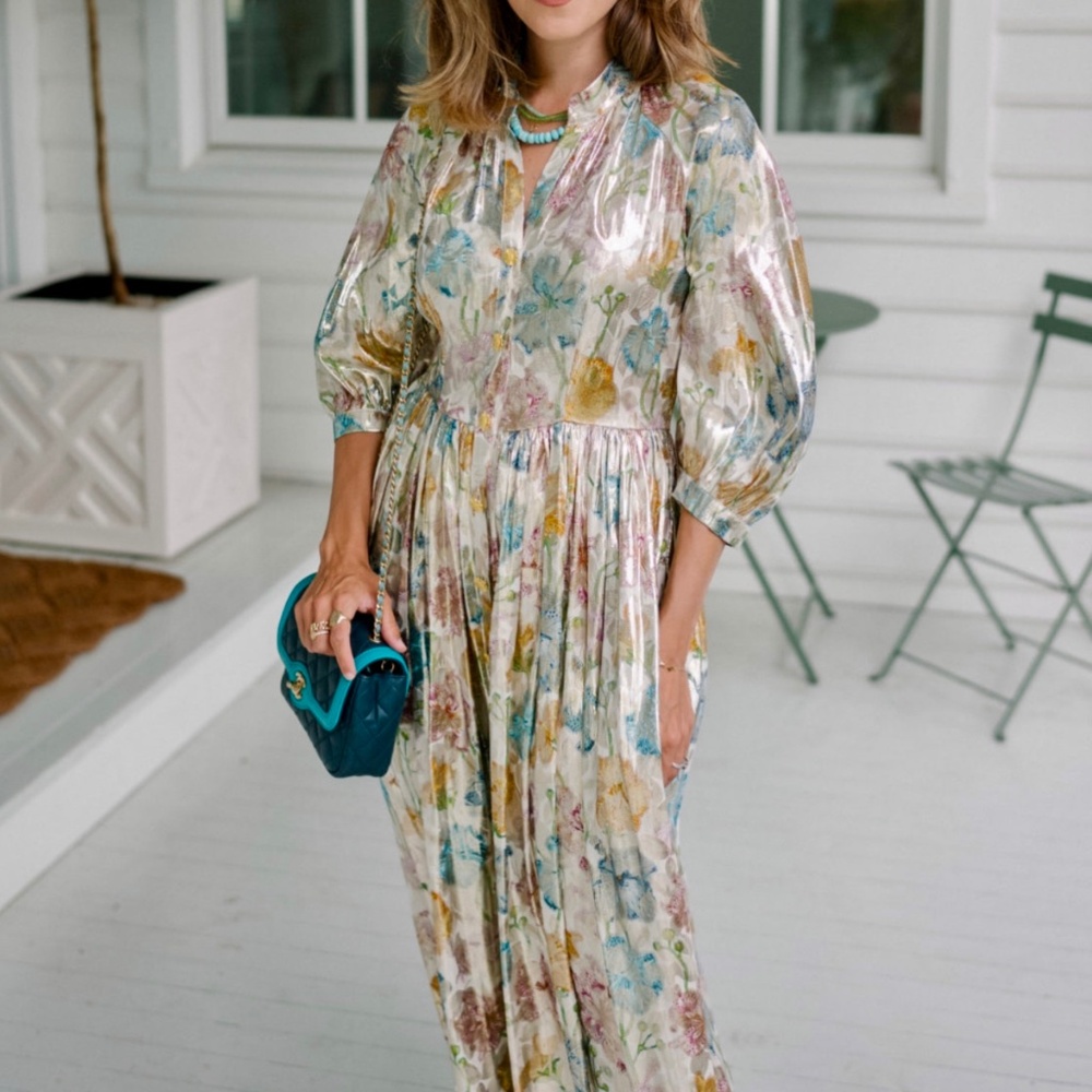 Hayley Menzies Shimmer Silk Floral and Gold Bonita Shirt Dress, Size XS